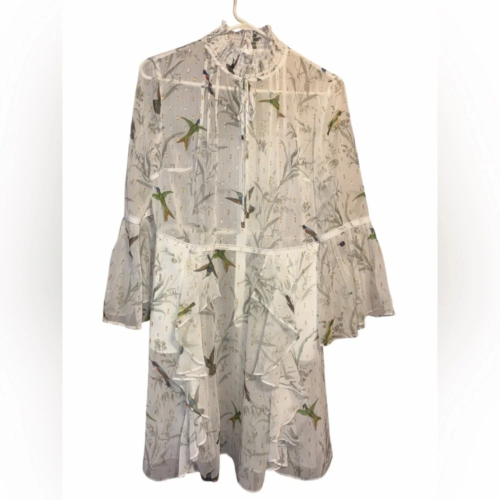 Ted Baker Andray Hummingbird Ruffle Dress Ivory Metallic Bell Sleeve Size 2 - Picture 3 of 5
